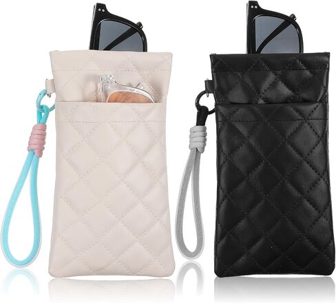 2PCS Double Glasses Case Soft, Sunglass Pouch with Strap, Soft Eyeglass Cases for Women Squeeze Top Sunglasses Organizer (White Black) in Kuwait