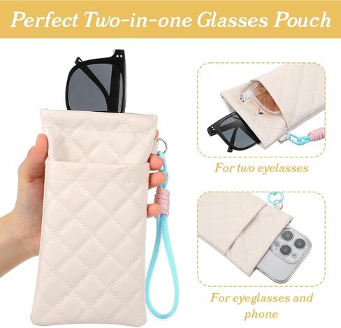 2PCS Double Glasses Case Soft, Sunglass Pouch with Strap, Soft Eyeglass Cases for Women Squeeze Top Sunglasses Organizer (White Black) in Kuwait