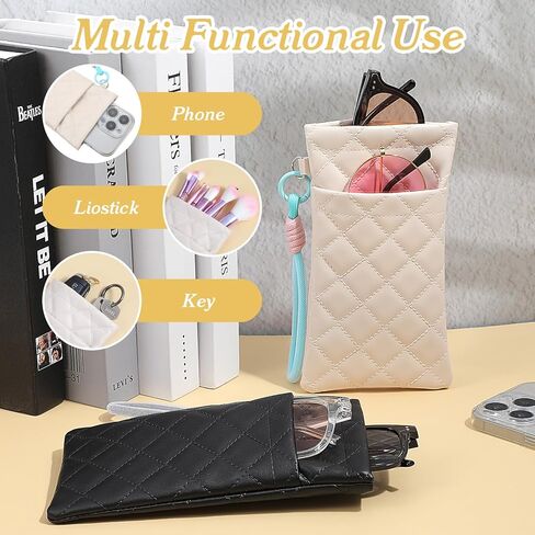 2PCS Double Glasses Case Soft, Sunglass Pouch with Strap, Soft Eyeglass Cases for Women Squeeze Top Sunglasses Organizer (White Black) in Kuwait