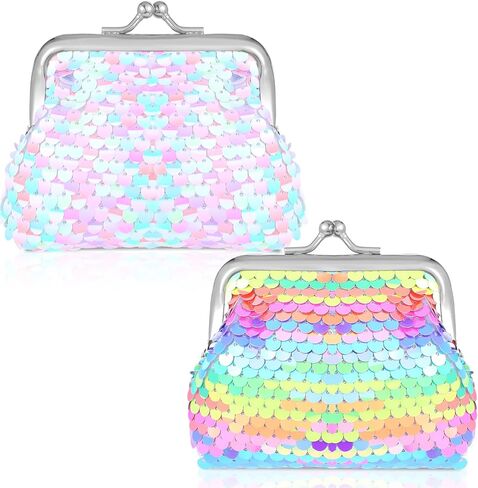 2PCS Women’s Small Change Purse Cute Colorful Pocket-Sized Nylon Coin Pouch Rectangle Kiss Lock, Double Sided Sequin, Mini Coin Purse Wallet Gifts for Girl in Saudi Arabia