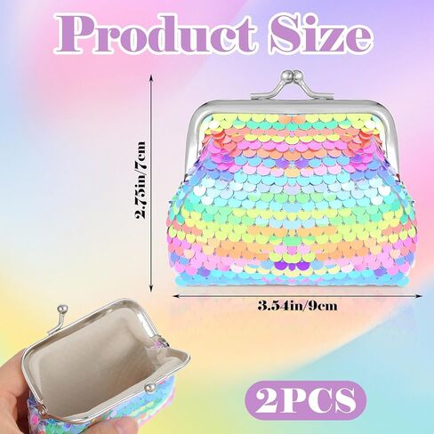 2PCS Women’s Small Change Purse Cute Colorful Pocket-Sized Nylon Coin Pouch Rectangle Kiss Lock, Double Sided Sequin, Mini Coin Purse Wallet Gifts for Girl in Saudi Arabia