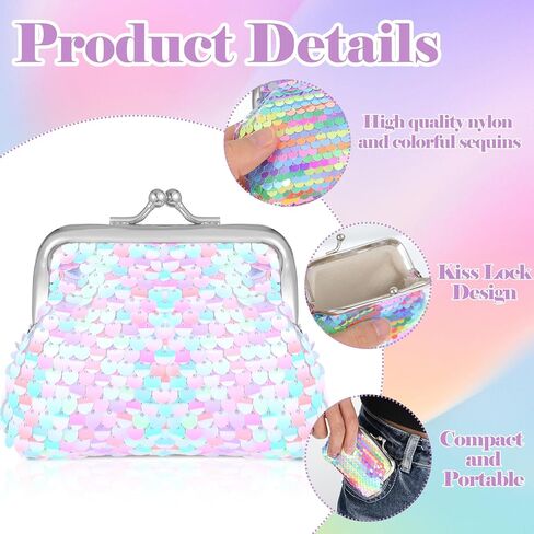 2PCS Women’s Small Change Purse Cute Colorful Pocket-Sized Nylon Coin Pouch Rectangle Kiss Lock, Double Sided Sequin, Mini Coin Purse Wallet Gifts for Girl in Saudi Arabia