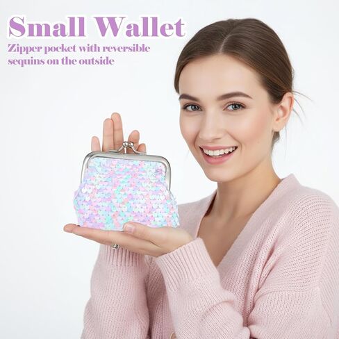 2PCS Women’s Small Change Purse Cute Colorful Pocket-Sized Nylon Coin Pouch Rectangle Kiss Lock, Double Sided Sequin, Mini Coin Purse Wallet Gifts for Girl in Saudi Arabia