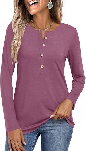 BISHUIGE Womens Long Sleeve Crew Neck Tops Henley Buttons Down Shirts Casual Loose Fit Tunics in Kuwait