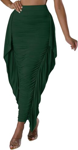 تنورة طويلة طويلة مكشكشة جانبية للنساء من Aisbei ​​بخصر عالٍ وRuhed Bodycon in Kuwait