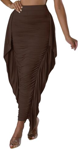 Aisbei Women's Side Ruffles High Waisted Ruhed Bodycon Pencil Long Maxi Skirts in Saudi Arabia