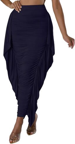 Aisbei Women's Side Ruffles High Waisted Ruhed Bodycon Pencil Long Maxi Skirts in Saudi Arabia