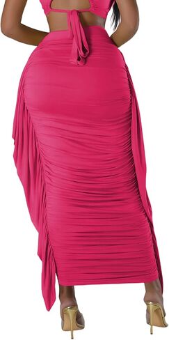 Aisbei Women's Side Ruffles High Waisted Ruhed Bodycon Pencil Long Maxi Skirts in Saudi Arabia