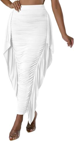 Aisbei Women's Side Ruffles High Waisted Ruhed Bodycon Pencil Long Maxi Skirts in Saudi Arabia