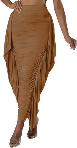 Aisbei Women's Side Ruffles High Waisted Ruhed Bodycon Pencil Long Maxi Skirts in Saudi Arabia