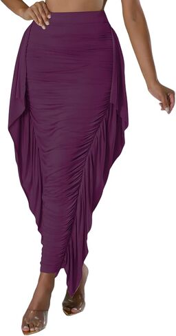 Aisbei Women's Side Ruffles High Waisted Ruhed Bodycon Pencil Long Maxi Skirts in Saudi Arabia