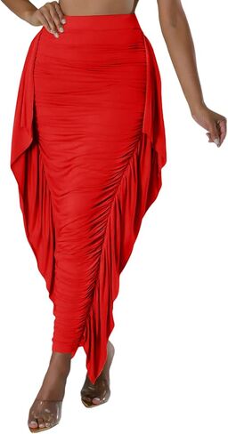 Aisbei Women's Side Ruffles High Waisted Ruhed Bodycon Pencil Long Maxi Skirts in Saudi Arabia