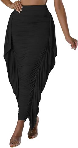 Aisbei Women's Side Ruffles High Waisted Ruhed Bodycon Pencil Long Maxi Skirts in Saudi Arabia