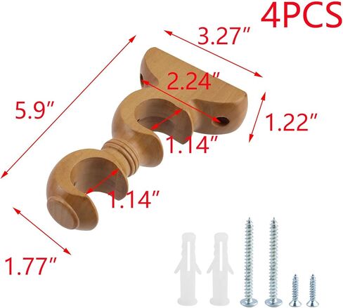 T Tulead Wooden Curtain Rod Brackets Wood Curtain Rod Holders Double Curtain Rod Holder Bracket Wall Mounted Drapery Rod Support Bracket Yellow 4PCS with Screws in Saudi Arabia