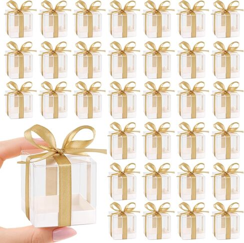 HXEZOC 50 Pack Favor Boxes 2x2x2 بوصة صافية حلوى واضحة مع أشرطة ذهبية ، وصناديق هدايا بلاستيكية صغيرة لحضور حفل زفاف ، وحفل عيد الميلاد ، ودش الطفل ، وإمدادات زخرفة الفصول الدراسية in Kuwait