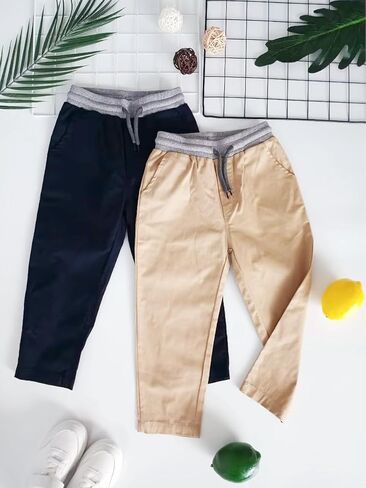 Boys Chino Pants 2-Pack–Soft Stretch Cotton Trousers with Elastic Waist & Drawstring Casual School for Kids 2-7 Years in Saudi Arabia