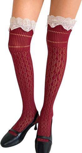 Long Socks With Lace Trim,Cute Knee Highs For Women,Christmas Birthday Renaissance Costume Size 0-8 in Saudi Arabia
