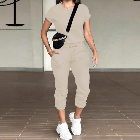 Casual Short-Sleeve Jumpsuit Set: Drawstring Cuffed Pants 1-Piece Outfit for Relaxed Daily & Casual Wear in Saudi Arabia