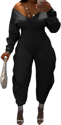 LETSVDO Women's Sexy Long Sleeve Jumpsuits Fall V Neck Off Shoulder Wide Leg Barrel Romper Tracksuit Club Party Outfits in Saudi Arabia