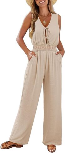 Pink Queen Vacation Jumpsuits for Women Tie Front V Neck Sleeveless Wide Leg Romper Summer Casual Outfits in Saudi Arabia