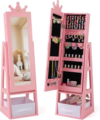 GLACER Kids Jewelry Armoire, 45.5" Standing Child Jewelry Organizer with Full-Length Mirror, Foldable Drawer, Anti-toppling System, Kids Vanity Dress Up Mirror Jewelry Cabinet for Bedroom (Pink) in Saudi Arabia