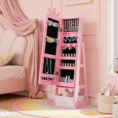 GLACER Kids Jewelry Armoire, 45.5" Standing Child Jewelry Organizer with Full-Length Mirror, Foldable Drawer, Anti-toppling System, Kids Vanity Dress Up Mirror Jewelry Cabinet for Bedroom (Pink) in Saudi Arabia