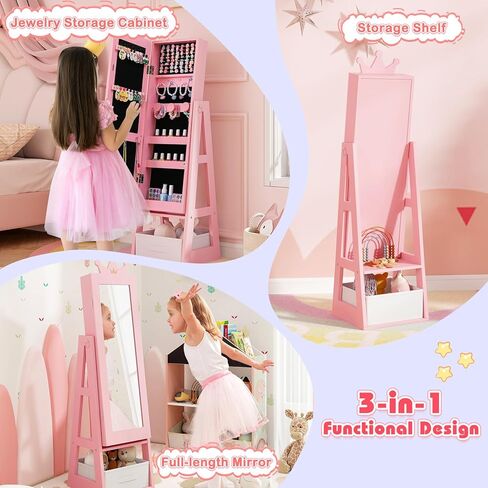 GLACER Kids Jewelry Armoire, 45.5" Standing Child Jewelry Organizer with Full-Length Mirror, Foldable Drawer, Anti-toppling System, Kids Vanity Dress Up Mirror Jewelry Cabinet for Bedroom (Pink) in Saudi Arabia