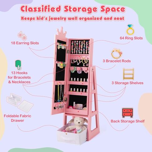 GLACER Kids Jewelry Armoire, 45.5" Standing Child Jewelry Organizer with Full-Length Mirror, Foldable Drawer, Anti-toppling System, Kids Vanity Dress Up Mirror Jewelry Cabinet for Bedroom (Pink) in Saudi Arabia