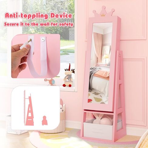 GLACER Kids Jewelry Armoire, 45.5" Standing Child Jewelry Organizer with Full-Length Mirror, Foldable Drawer, Anti-toppling System, Kids Vanity Dress Up Mirror Jewelry Cabinet for Bedroom (Pink) in Saudi Arabia