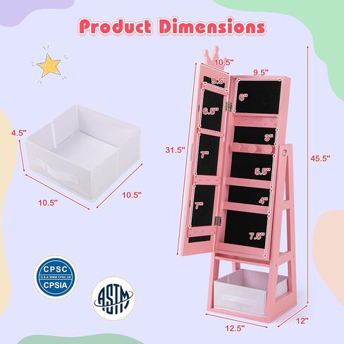 GLACER Kids Jewelry Armoire, 45.5" Standing Child Jewelry Organizer with Full-Length Mirror, Foldable Drawer, Anti-toppling System, Kids Vanity Dress Up Mirror Jewelry Cabinet for Bedroom (Pink) in Saudi Arabia