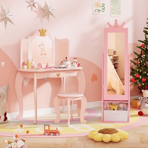 GLACER Kids Jewelry Armoire, 45.5" Standing Child Jewelry Organizer with Full-Length Mirror, Foldable Drawer, Anti-toppling System, Kids Vanity Dress Up Mirror Jewelry Cabinet for Bedroom (Pink) in Saudi Arabia