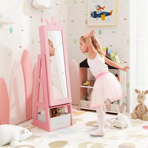 GLACER Kids Jewelry Armoire, 45.5" Standing Child Jewelry Organizer with Full-Length Mirror, Foldable Drawer, Anti-toppling System, Kids Vanity Dress Up Mirror Jewelry Cabinet for Bedroom (Pink) in Saudi Arabia