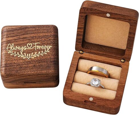 KWOOD Personalized Wooden Wedding Ring Box, Engraved Always &Forever Double Ring Holder, Wedding Ceremony Ring Bearer Box, Anniversary Birthday Gift Idea in Saudi Arabia