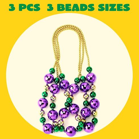 JOYIN 3 Pcs Mardi Gras Jumbo Bead Necklaces, Disco Gold Green Purple Necklaces Beads for Mardi Gras Party Decorations Supplies, Costume Accessories Favors in Saudi Arabia