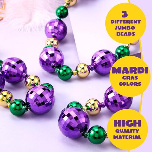 JOYIN 3 Pcs Mardi Gras Jumbo Bead Necklaces, Disco Gold Green Purple Necklaces Beads for Mardi Gras Party Decorations Supplies, Costume Accessories Favors in Saudi Arabia