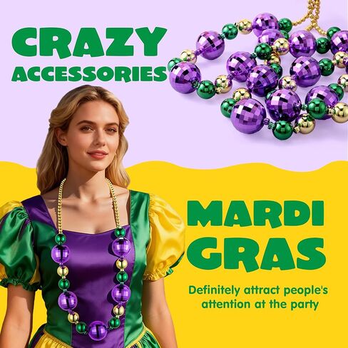 JOYIN 3 Pcs Mardi Gras Jumbo Bead Necklaces, Disco Gold Green Purple Necklaces Beads for Mardi Gras Party Decorations Supplies, Costume Accessories Favors in Saudi Arabia