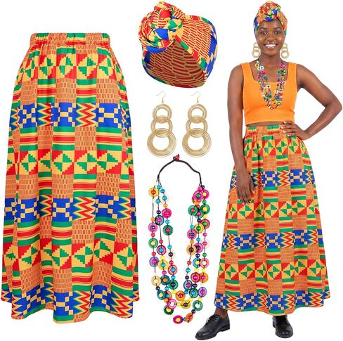 4 Pcs African Dresses for Women African Attire Print Skirt Traditional Costume Boho Head Wraps Necklace Earrings in Saudi Arabia
