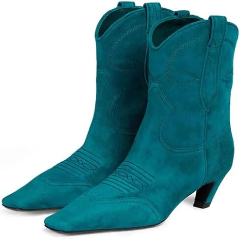 Women's Kitten Heel Western Boots Fashion Embroidered Pull On Square Toe Cowgirl Ankle Boots Fall Winter Casual Dressy Mid Chunky Heel Cowboy Booties for Women in Saudi Arabia