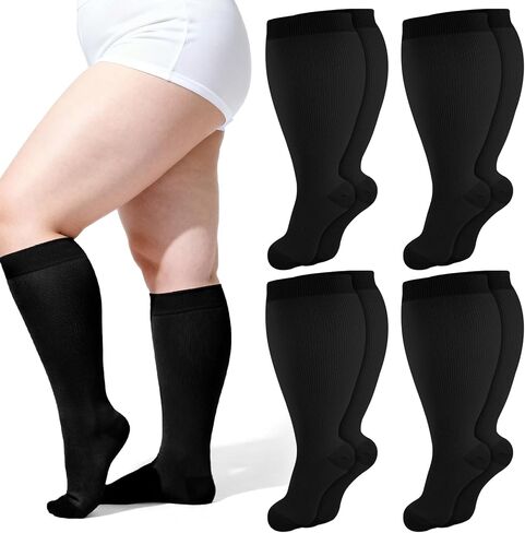 4 Pairs Plus Size Compression Socks for Women Wide Calf, 15-20mmHg Extra Wide Knee High Socks for Women, Travel, Work in Saudi Arabia