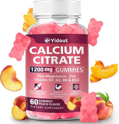 صمغ سيترات الكالسيوم 1200 مجم للحفاظ على صحة العظام/الأسنان، يدعم العضلات والمناعة، مكمل كالسيوم عالي الامتصاص للبالغين، نكهة الخوخ (60 قطعة (عبوة من 1)) in Kuwait