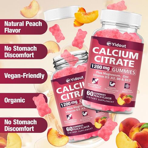 Calcium Citrate Gummies 1200mg for Maintain Bone/Dental Health, Supports Muscle & Immune，Ultimate Absorption Calcium Supplement for Adults，Peach Flavor (60 Count（Pack of 1）) in Saudi Arabia