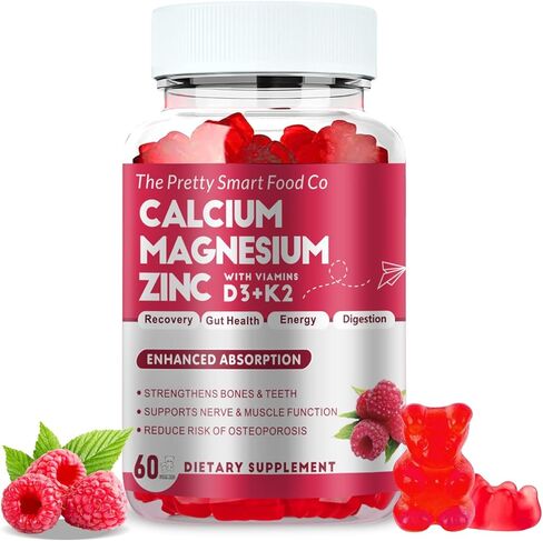 Calcium Magnesium Zinc Gummies with Vitamin D3 & K2 for Bone, Muscle & Immune Support - High Potency Enhanced Absorption - 60 Raspberry Gummies in Saudi Arabia