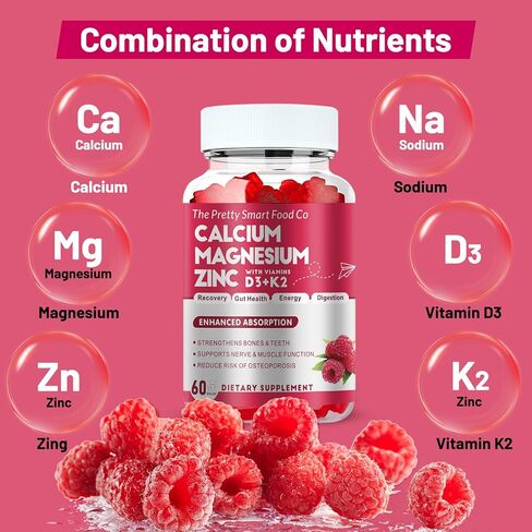 Calcium Magnesium Zinc Gummies with Vitamin D3 & K2 for Bone, Muscle & Immune Support - High Potency Enhanced Absorption - 60 Raspberry Gummies in Saudi Arabia