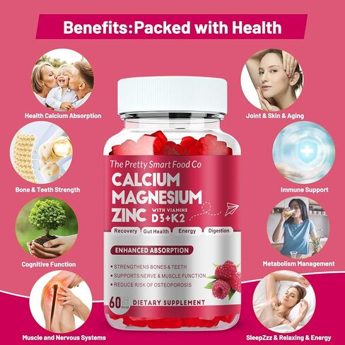 Calcium Magnesium Zinc Gummies with Vitamin D3 & K2 for Bone, Muscle & Immune Support - High Potency Enhanced Absorption - 60 Raspberry Gummies in Saudi Arabia