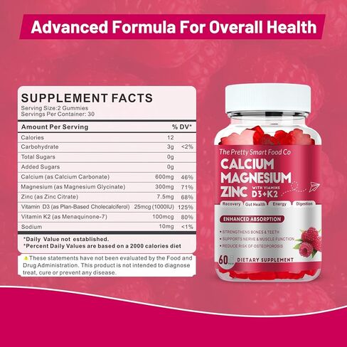 Calcium Magnesium Zinc Gummies with Vitamin D3 & K2 for Bone, Muscle & Immune Support - High Potency Enhanced Absorption - 60 Raspberry Gummies in Saudi Arabia