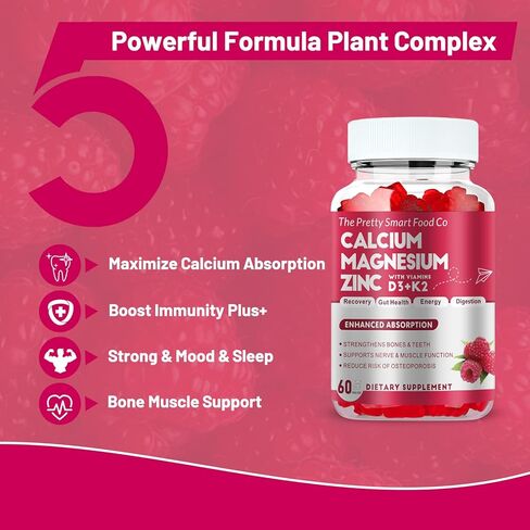 Calcium Magnesium Zinc Gummies with Vitamin D3 & K2 for Bone, Muscle & Immune Support - High Potency Enhanced Absorption - 60 Raspberry Gummies in Saudi Arabia