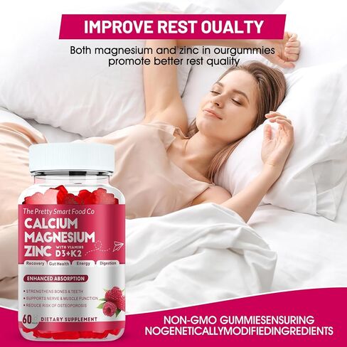 Calcium Magnesium Zinc Gummies with Vitamin D3 & K2 for Bone, Muscle & Immune Support - High Potency Enhanced Absorption - 60 Raspberry Gummies in Saudi Arabia