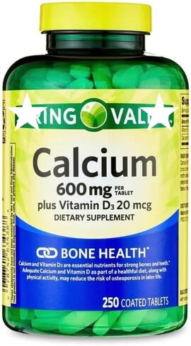 أقراص الكالسيوم بالإضافة إلى فيتامين د، مكمل غذائي، من سبرينج - فالي بون هيلث، فيتامين د3 20 ميكروجرام، 600 مجم، 250 قطعة. in Kuwait