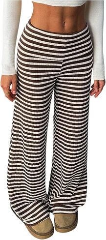 Women's Striped Ribbed Knit Wide Leg Pants Foldover Elastic Waist Casual Lounge Trousers in Saudi Arabia