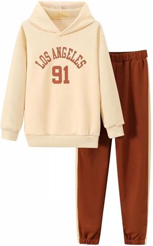 Girls Pants Set, Hoodie & Joggers 2 Piece Outfit in Beige and Brown for Girls 8-12Y in Saudi Arabia